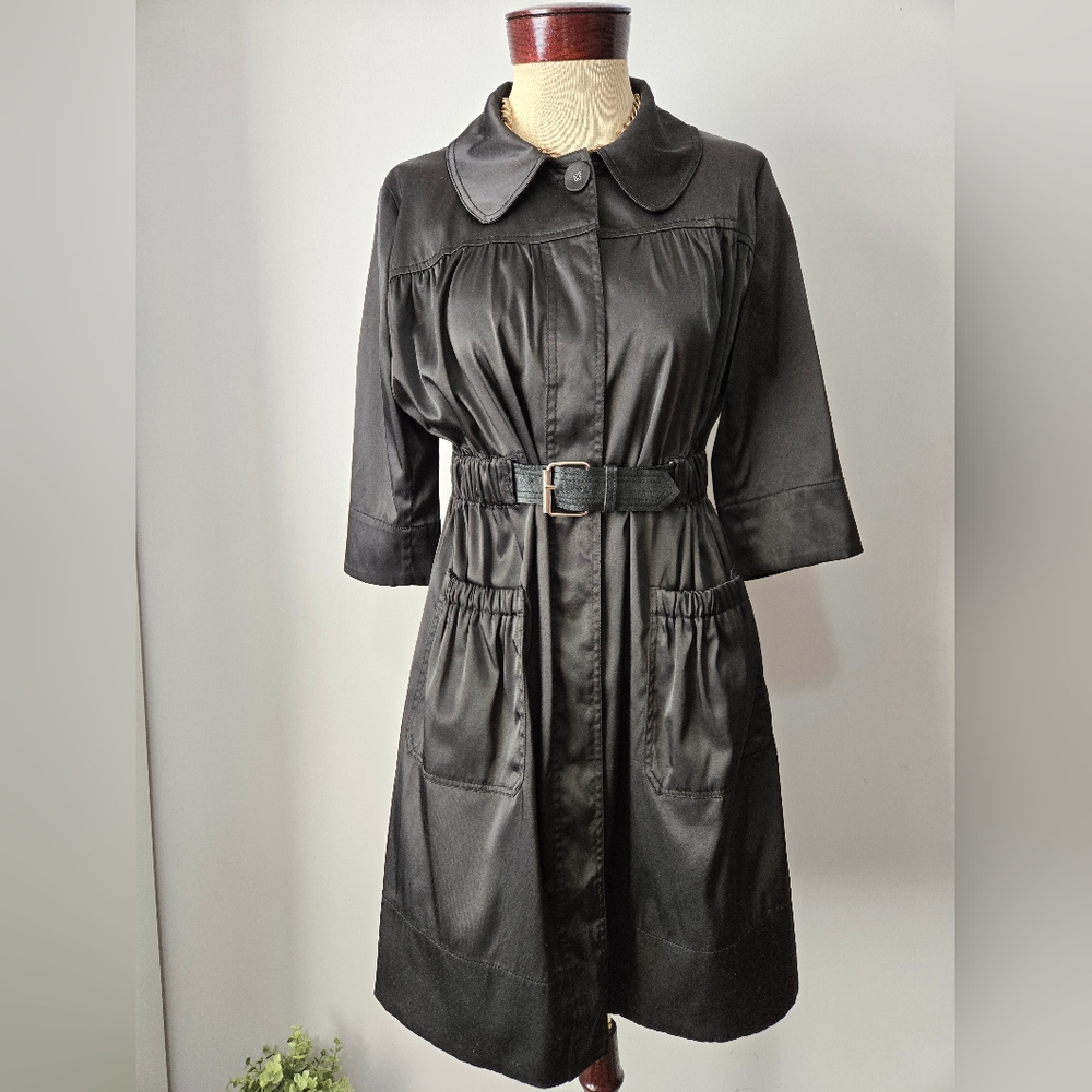 DONNA KARAN Gunmetal Black Satin Belted Dress Coat. Size 8